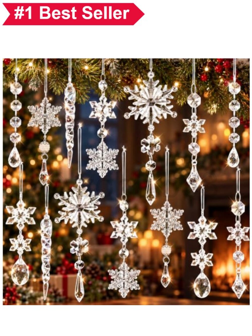 🎄 20Pc Acrylic Crystal Look Christmas Ornaments Pre Strung Snowflake Icicle Set